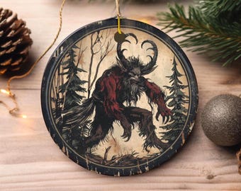 Horned Krampus in Red Robe Creeping in the Woods Ceramic Ornament | Krampus Christmas Holiday Tree | Dark Winter Ornament | Krampus Folklore