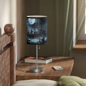Ethereal Dreams: Peter Pan&#39;s Neverland Accent Table Lamp | Tim Burton Style | 20 Inches Tall | Cloth Shade | White/Silver Base Design 3 of 4