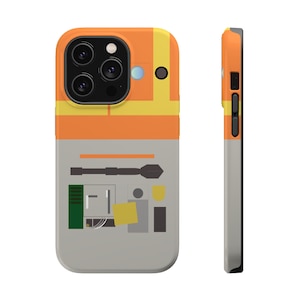 May include: A phone case with a gray, orange, and yellow design. The design features a stylized robot with a gun and other details. The case is compatible with iPhone 14 Pro.