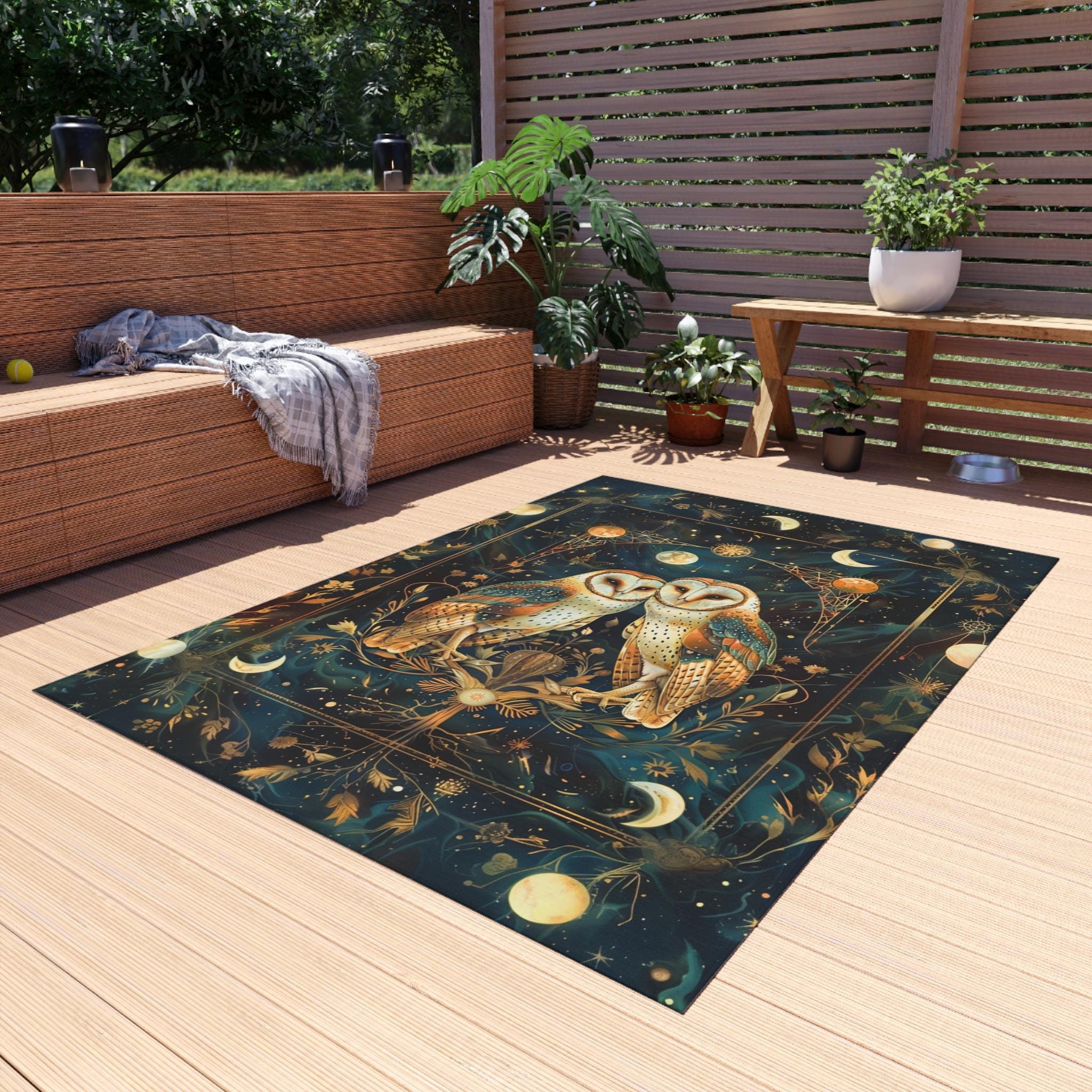 Elegant Barn Owls & Night Sky Indoor/Outdoor Rug | Art Deco Nature Rug with Stars and Multiple M
