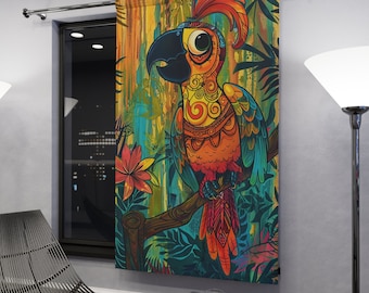 Cortina opaca para ventana - Loro estilo Tiki en colores brillantes - Regalo perfecto para amantes de la decoración tropical - 127 x 213 cm