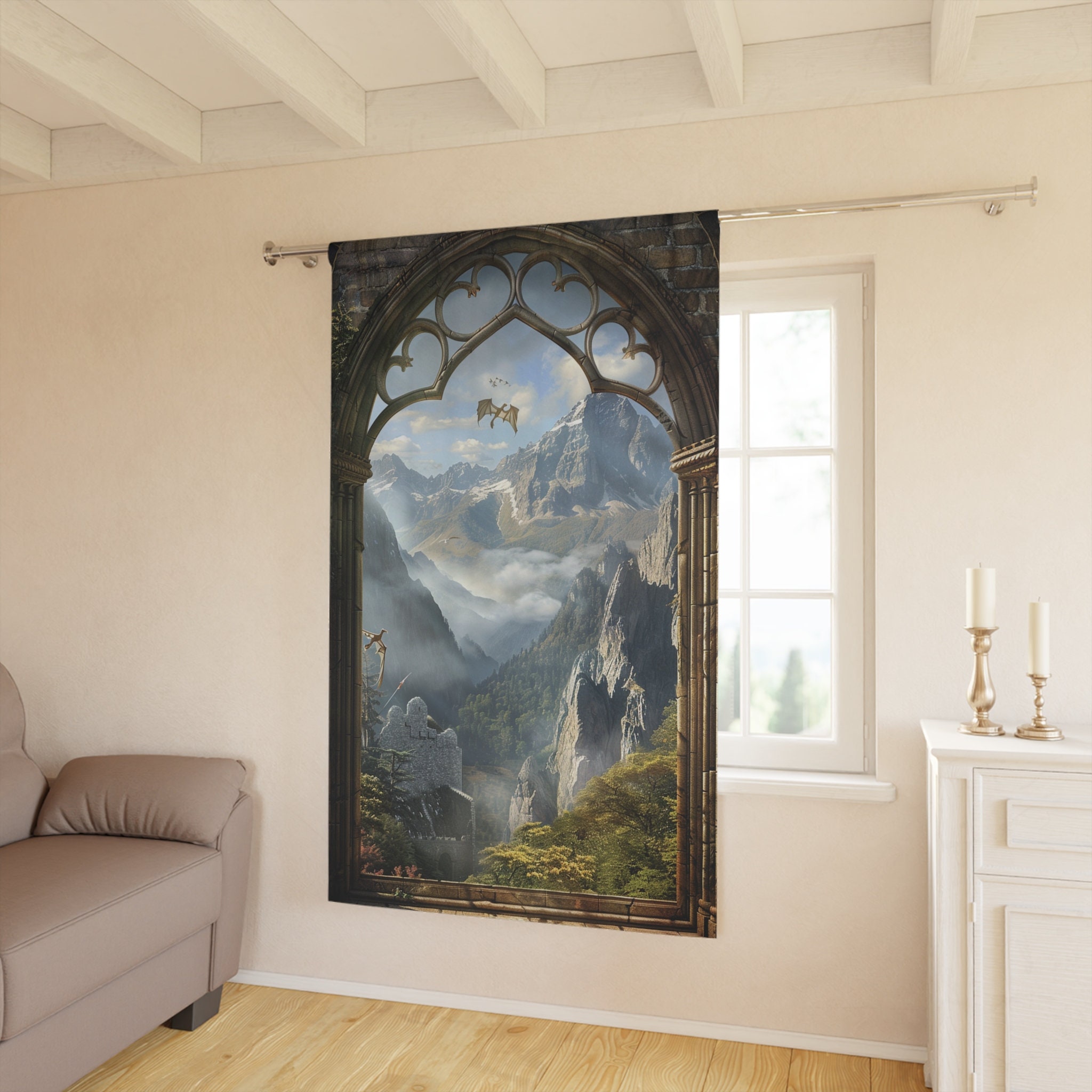 Window Blackout Curtain - #1 Fantasy Castle Window With Misty Mountains ...