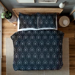 Victorian Gothic Skulls Comforter | Black & Grey Elegant Macabre Bedding | Theme Park Haunted Mansion Inspired | Spooky Elegance Decor
