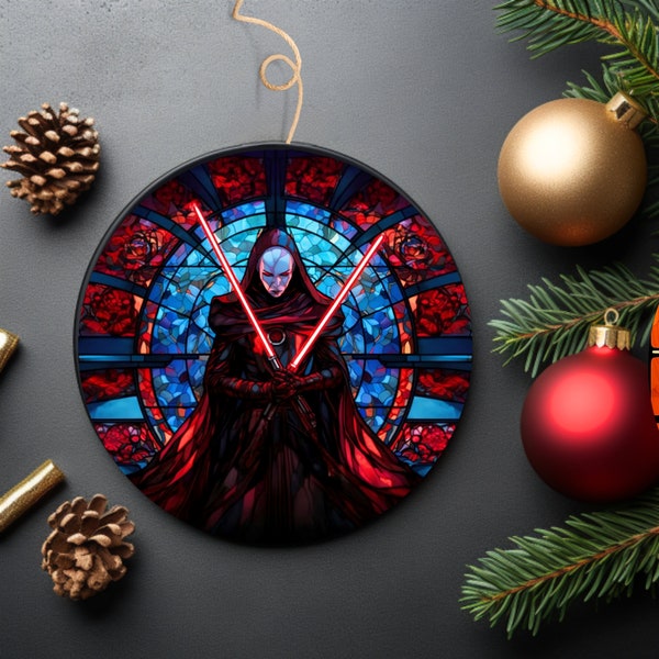 Asajj Ventress Lightsaber Duel Stained Glass Style Ceramic Ornament - Galactic Darkness Calls Ceramic Ornament / Double-Sided