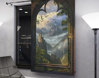 Window Blackout Curtain - #5 Fantasy Castle Window with Misty Mountains and Flying Dragons - Perfect Gift for Fantasy Lovers - 50&quot; × 84&quot;