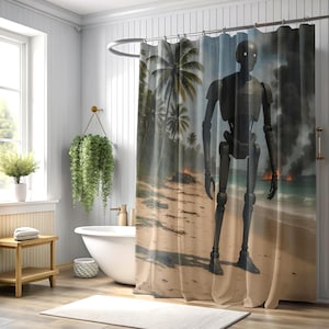 May include: Shower curtain featuring a dark gray robot standing on a beach with palm trees and a fiery background. The curtain has a beige background with a digital art style.