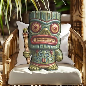 Tiki Staff Guardian Shaped Pillow | Polynesian Warrior Decor | Home Bar Gift | Tropical Temple Guardian | Tiki Bar Gift | Tiki Fans | 4 Size