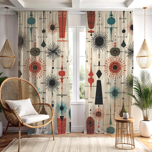 Cortina opaca moderna retro de mediados de siglo, color crema con ráfagas atómicas, panel individual de 50 x 84 pulgadas, decoración de bar Tiki o caída libre.