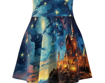 Fantasy Castle Skater Skirt - Van Gogh's Starry Night Inspired