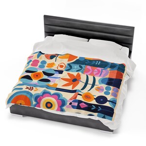 Vibrant Garden Plush Velveteen Blanket - Mary Blair Inspired - Super Soft - Three Sizes Available 画像 6