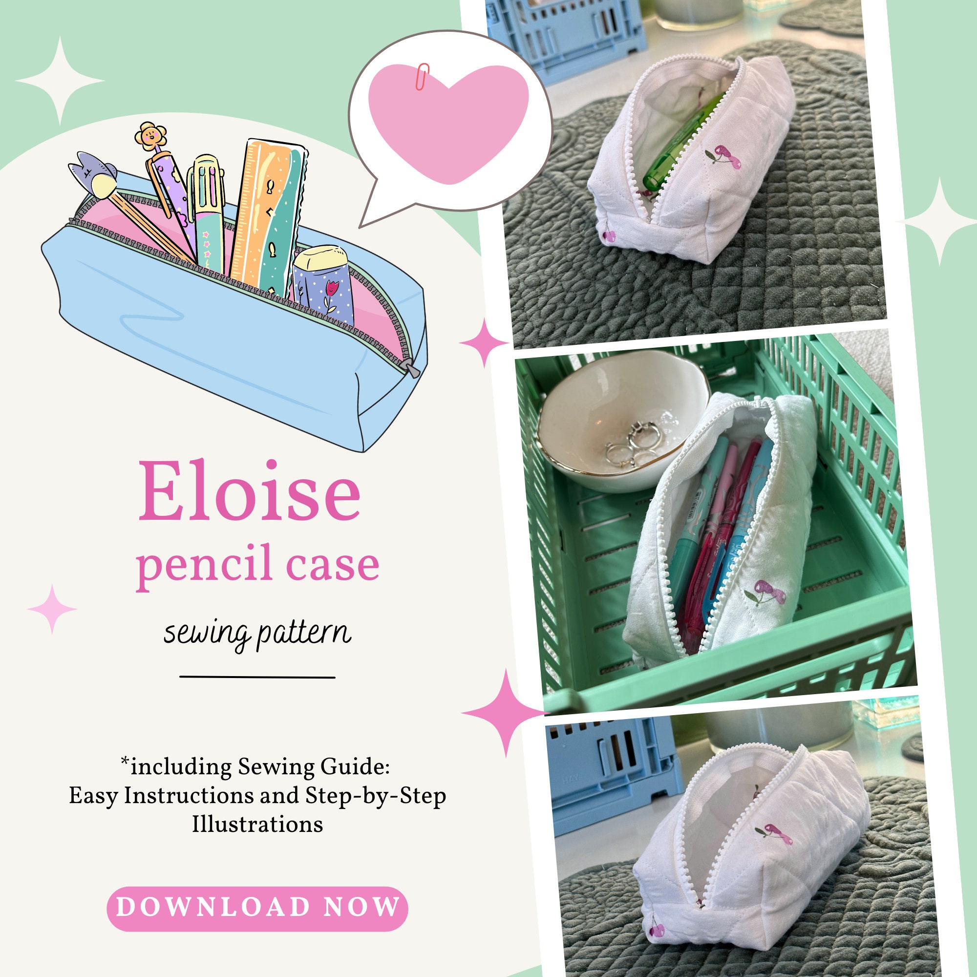 Pencil Case Sewing Pattern Pencil Pouch PDF Sewing Instructions Estellebyhs  Boxy, Quilted Pencil Bag Sewing Pattern 