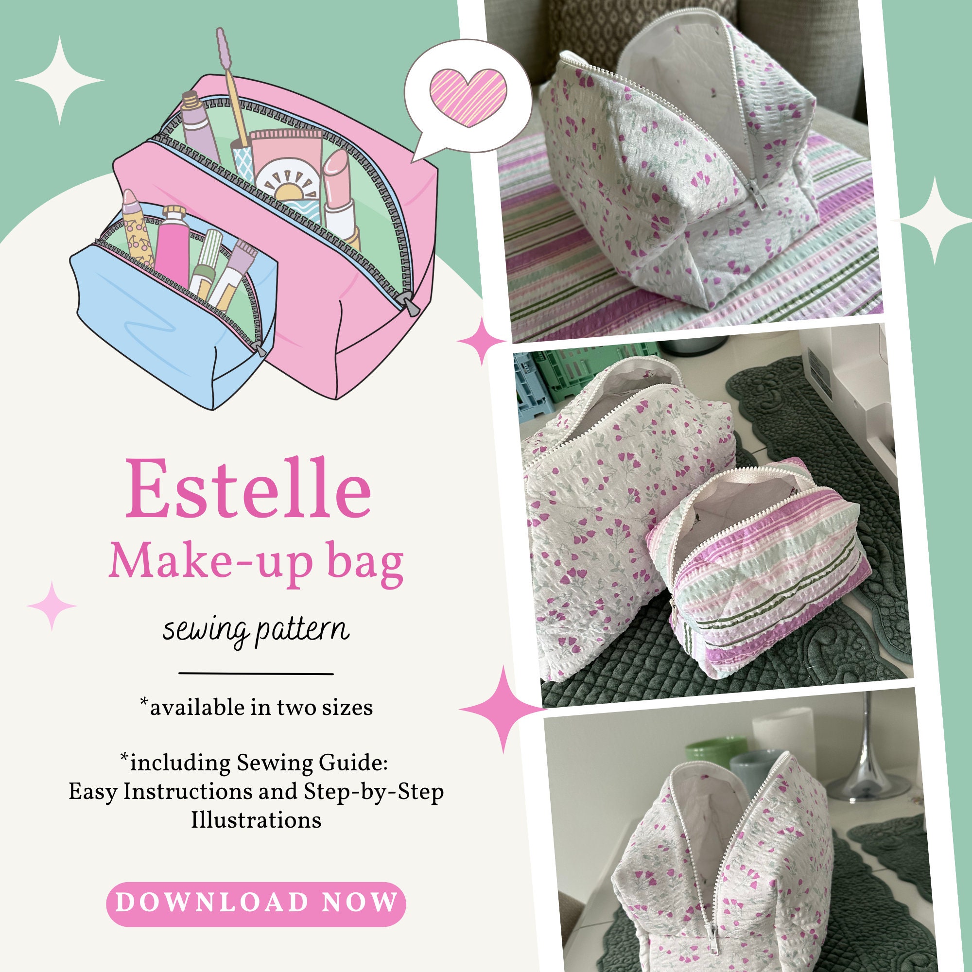 Makeup Bag Sewing Pattern Toiletry Bag PDF Sewing Instructions Cosmetic  Pouch Estellebyhs Boxy, Quilted Makeup Bag Pattern 