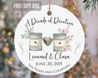 Personalized 10th Anniversary Ornament, Tin Year Anniversary Gift, Custom 10 Year Married Keepsake, Tin Wedding Ornament for Couple