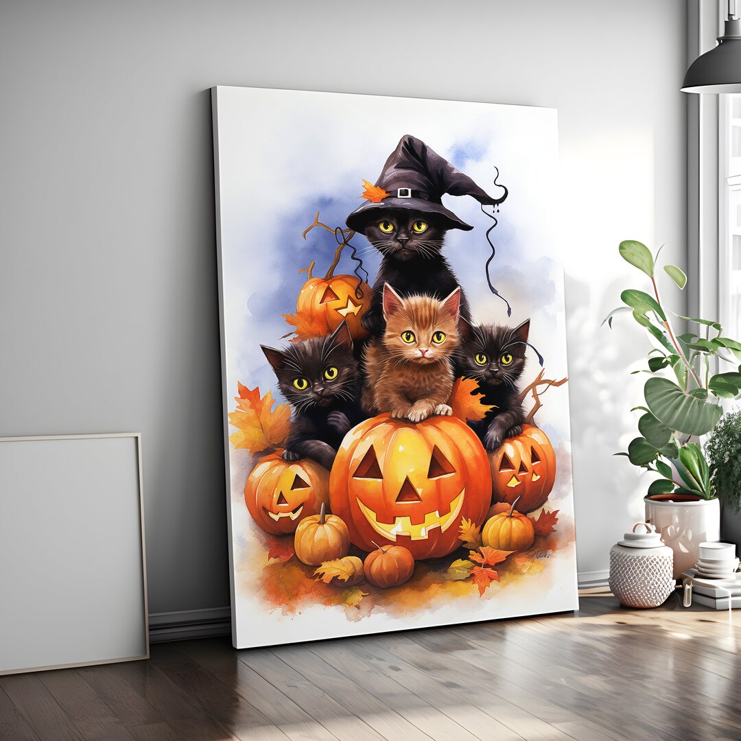 Halloween Cats3 Watercolor and Oil Painting Thick Canvas With a High ...