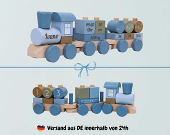 Treno della nascita, regalo per neonato con nome, blu – treno in legno personalizzato con cura, regali per la nascita, regalo per la nascita