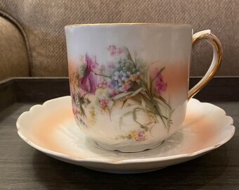 Antique Victorian Hand-Painted Floral XL Shaving Scuttle Mug & Saucer Set