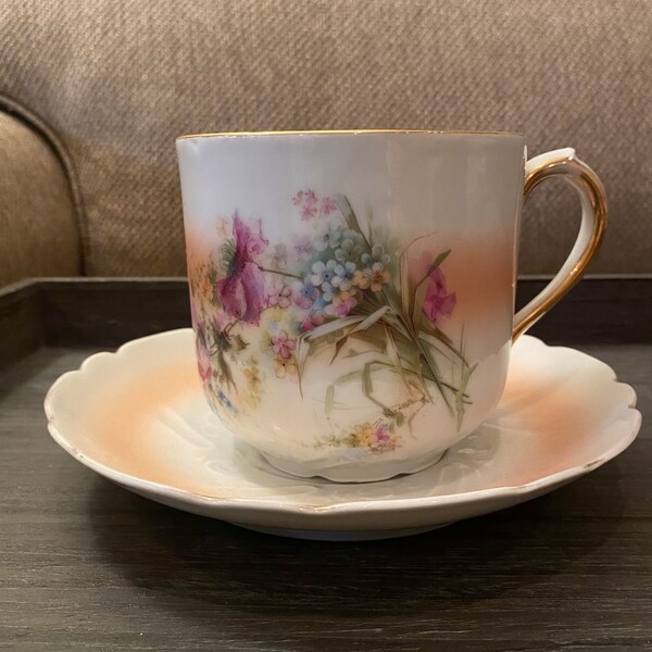 Antique Victorian Hand-Painted Floral XL Shaving Scuttle Mug & Saucer Set