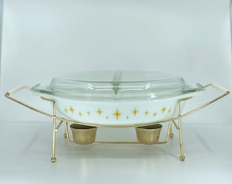 Vintage 1959 Pyrex Constellation Divided Oval Casserole (063) with Lid & Cradle