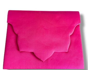 Vintage 90s Yves Saint Laurent YSL Hot Pink Satin Envelope Clutch w/ Scalloped Edge