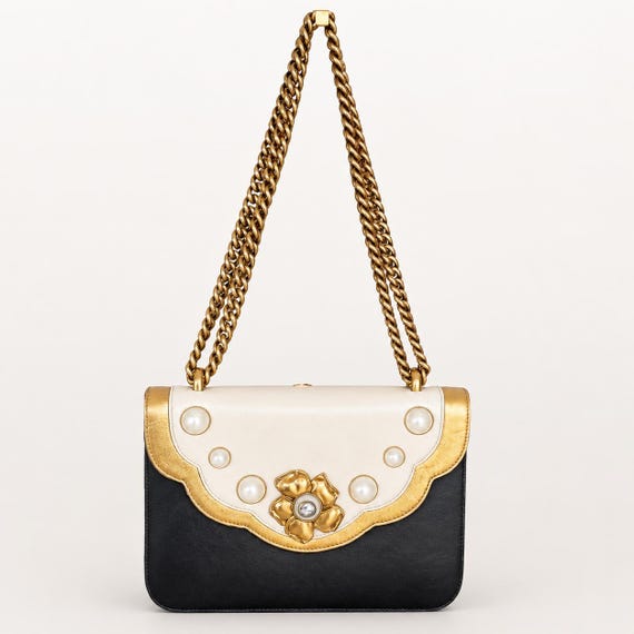 Gucci Pearly Peony Medium Chain Shoulder & Crossbody Bag, Black Calfskin, Cream Gold Scalloped Flap, Faux Pearl GG Emblem, Authentic