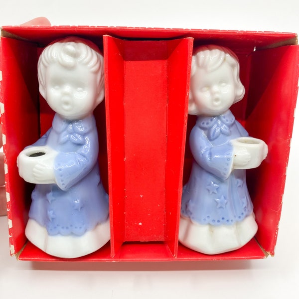 Vintage Berman & Anderson Porcelain Blue And White Angel Candlestick Holder Set In Original Box