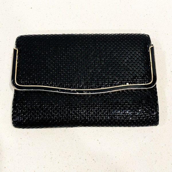 Vintage Black & Gold Metal Sequin Envelope Clutch Purse With Slinky Metal Strap