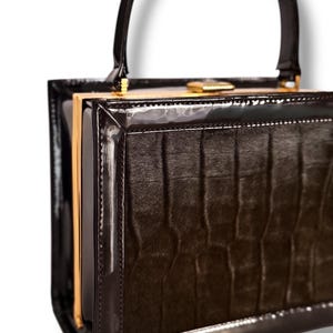 Vintage Versace Pony Hair & Patent Leather Dark Chocolate Brown Box Bag w/ Top Handle