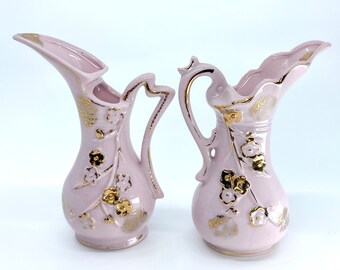 Pair of Vintage Lilac & Gold Porcelain Ewer Pitcher Bud Vases Made In Japan 7415