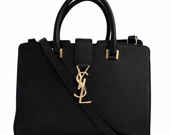Saint Laurent Calfskin Monogram Baby Cabas Black Leather Gold YSL Hardware Entrupy Authenticated Satchel Shoulder Bag