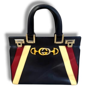 Gucci Zumi Medium Top Handle Tote Navy Burgundy Ivory Colorblock Leather Interlocking G Horsebit Shoulder Strap