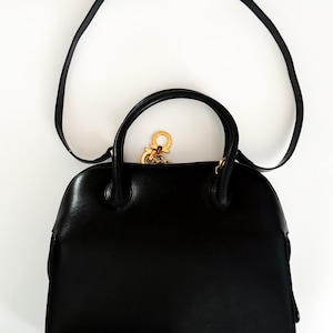 Salvatore Ferragamo Gancini Black Leather 2-Way Bag • Double Top Handles & Detachable Strap