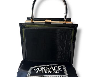 Vintage Gianni Versace Black Patent Leather Pony Hair Box Bag | Gold Sun Clasp | Satin Dust Bag | 1990s Collectible Made in Italy