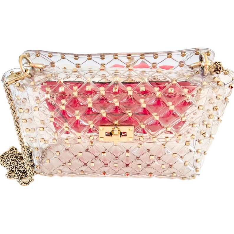 Valentino Garavani Rockstud PVC Top Handle Bag Clear Studded Handbag with Red Leather Interior Gold Hardware image 3
