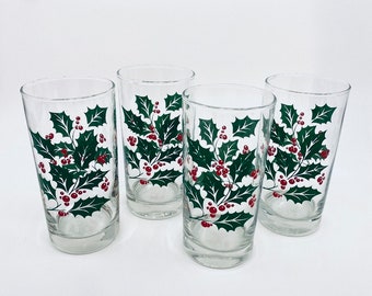 Vintage Indiana Glass Holly & Berries Christmas Holiday 8 oz Tumblers - Set of 4