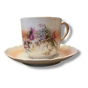 Antique Hand-Painted Victorian XL Shaving Mug & Saucer Set | Peach Ombre Floral with Gold Gilt | Vintage Porcelain Vanity Decor