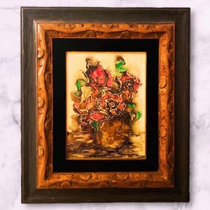 Vintage Original Signed Abstract Oil Painting/ Flowers in Vase/ Wood & Velvet Frame