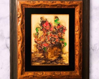 Vintage Black Velvet Still Life Painting Roses in Vases Pink