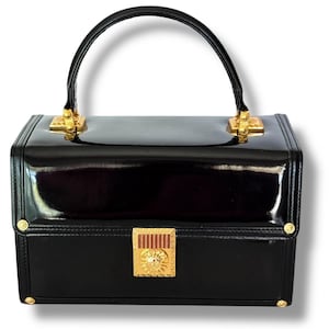 Vintage Gianni Versace Box Bag – Black Patent Leather Vanity Bag with Gold-Tone Greek Key & Sunburst Hardware (1990s)