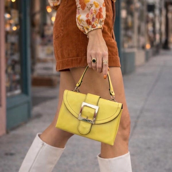 Vintage 1960s Mod Harvest Gold Yellow Faux Leather Top Handle Handbag Statement Buckle Purse Retro Structured Mod Bag Mid Century Handbag