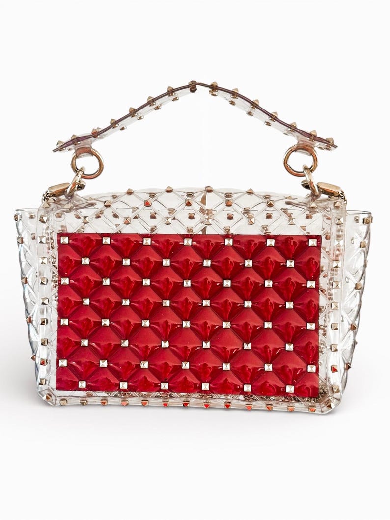 Valentino Garavani Rockstud PVC Top Handle Bag Clear Studded Handbag with Red Leather Interior Gold Hardware image 4