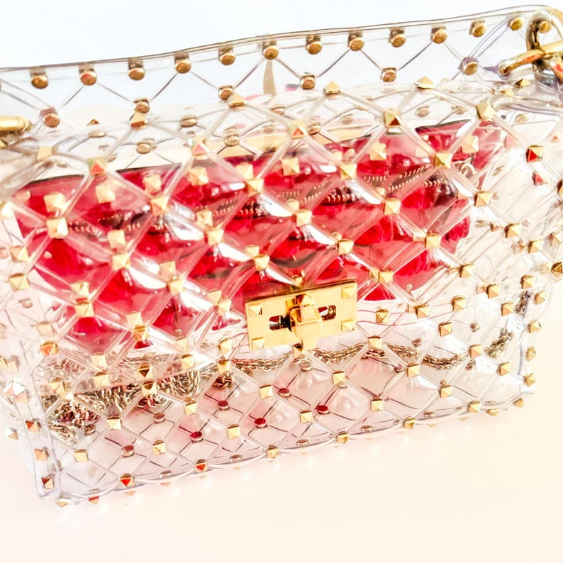 May include: A clear, structured handbag with gold-colored studs and a gold clasp. The interior of the bag is red, and a gold chain strap is visible. The bag has a quilted pattern.