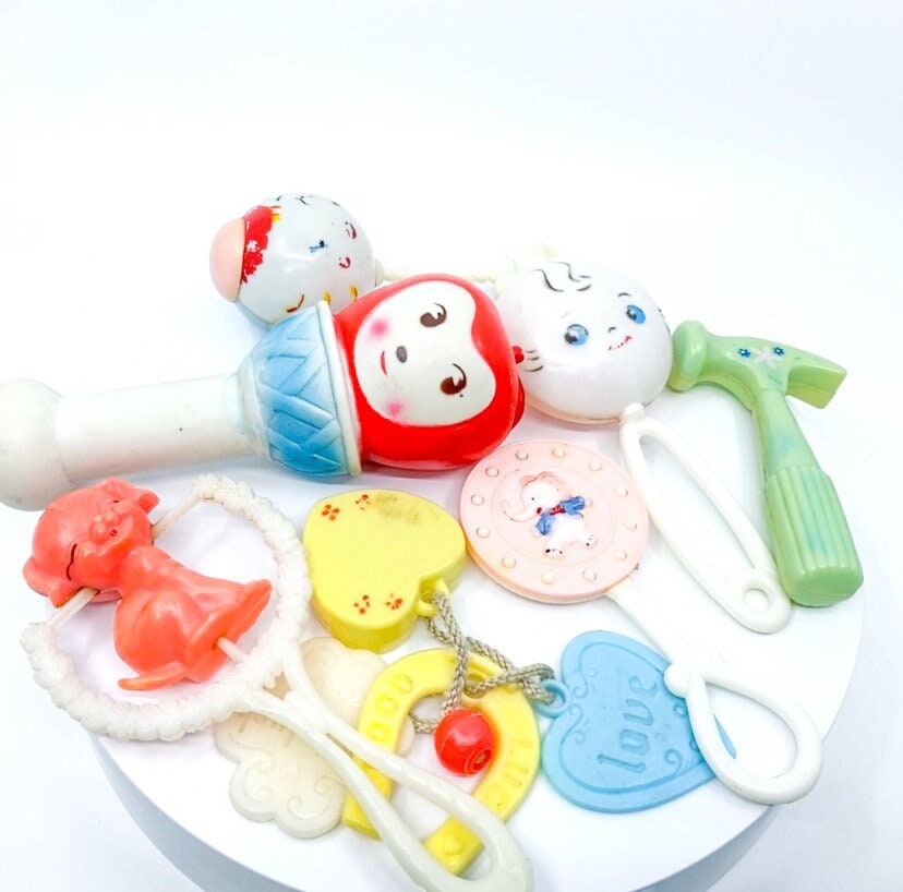 Multi-Item Listing: Darling Collectible Vintage 1940s-1950s Mid-Century Celluloid Plastic Baby Rattles & Toy Charms • Plakie • Hong Kong