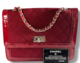 Rare Chanel Red Quilted Jersey & Patent Leather Reissue Flap Bag • Series 6 (2000–2002) • Silver Mademoiselle Lock • Auth Card + Entrupy COA
