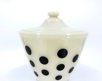 Vintage 1950s Fire King Black Polka Dot Milk Glass Grease Drippings Jar With Lid