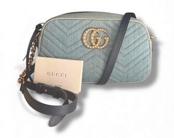 Gucci GG Marmont Denim Pearl GG Camera Bag | Pre-Fall 2018 Capsule Light Blue Chevron Quilted Crossbody | Serial 447632 Italy