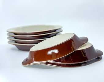 Set of (7) Vintage Mini Petite 6.5" Au Gratin Dishes Glossy Dark Brown Stoneware