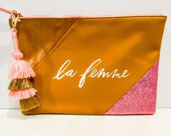 La femme Anthropologie Clutch Purse • Camel Brown Leather & Pink Glitter