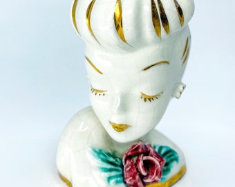 Vintage 1950s Lewis Weil Glamour Girl Head Vase - White w/ Gold Trim & Red Rose