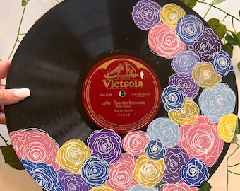 Hand Painted Floral Vinyl Record Art, Upcycled 12x12 Album