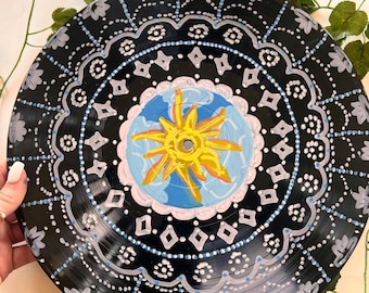 Hand Painted Sun Mandala on Upcycled Vinyl Record, 12x12